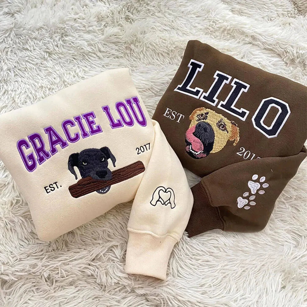 Custom Pet Portrait Embroidered Sweatshirt/Hoodie/T-shirt with Name and Year EST