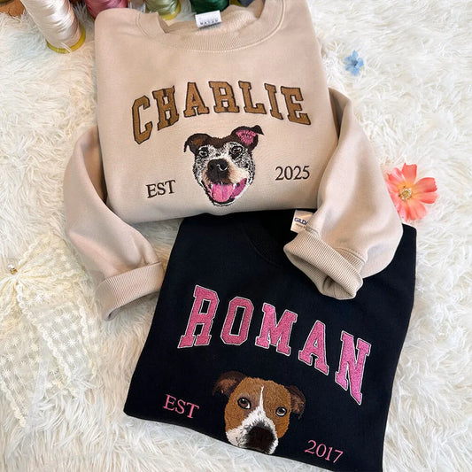Custom Pet Portrait Embroidered Sweatshirt/Hoodie/T-shirt with Name and Year EST