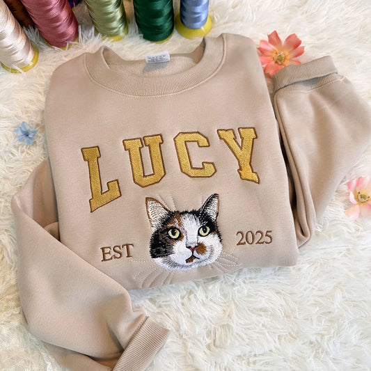 Custom Pet Portrait Embroidered Sweatshirt/Hoodie/T-shirt with Name and Year EST