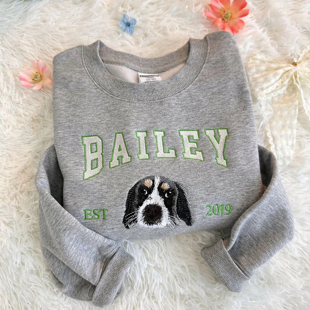 Custom Pet Portrait Embroidered Sweatshirt/Hoodie/T-shirt with Name and Year EST
